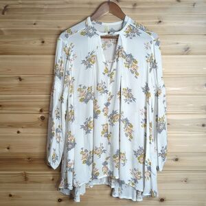 Free People Top Womens XS White Floral Long Sleeve Tunic Boho
